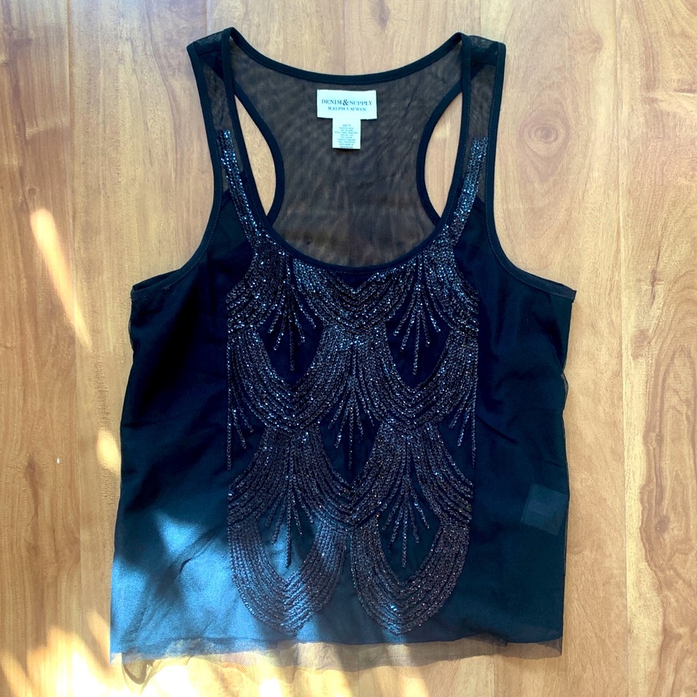 Black Sheer Beaded Sparkly Ralph Lauren Denim & Supply Tank Size xs